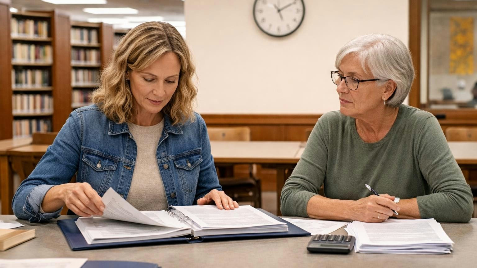 **Ten business days.** In a self-managed Virginia association, a member's written request opens the records on ten business days' notice. A homeowner at a public library study table turning the pages of an open ledger binder while the association treasurer sits across from her, a wall clock behind them