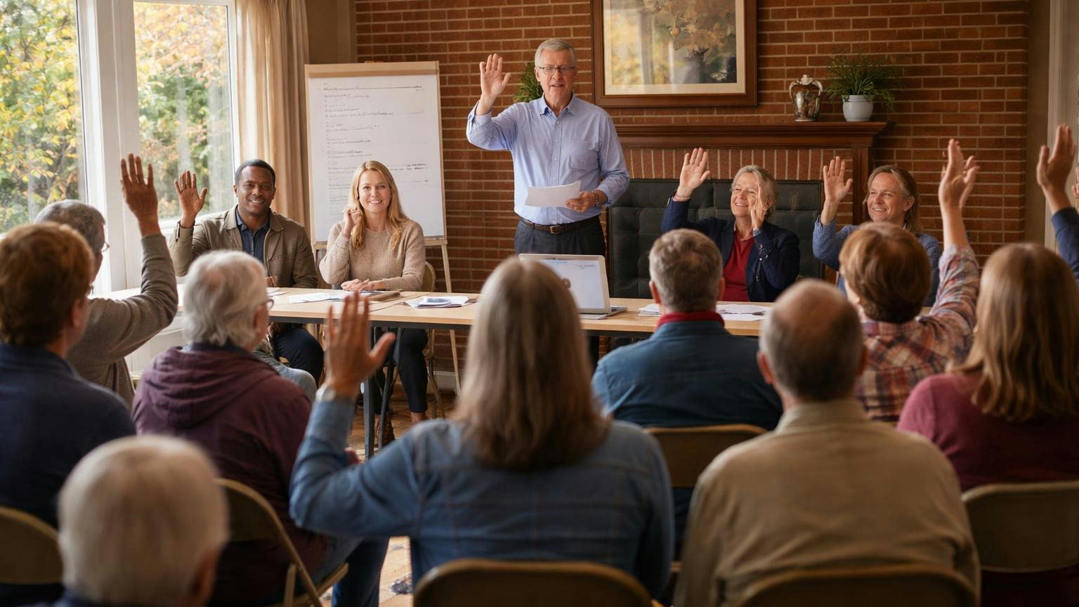 **How, not who.** The Act cares less whether a board hires a manager than how it meets, decides and enforces. A board president at the front of a brick-walled living room calling a vote aloud while four board members answer and neighbors listen from folding chairs at the back