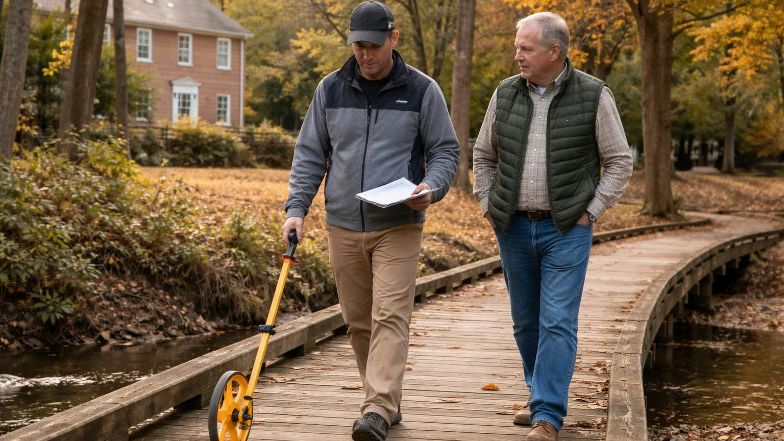 **Every five years.** Virginia has the board restudy what its common areas will cost to repair and replace, then review it yearly. A reserve study engineer rolling a measuring wheel along a weathered wooden boardwalk over a wooded creek in a community common area, a board member walking beside him