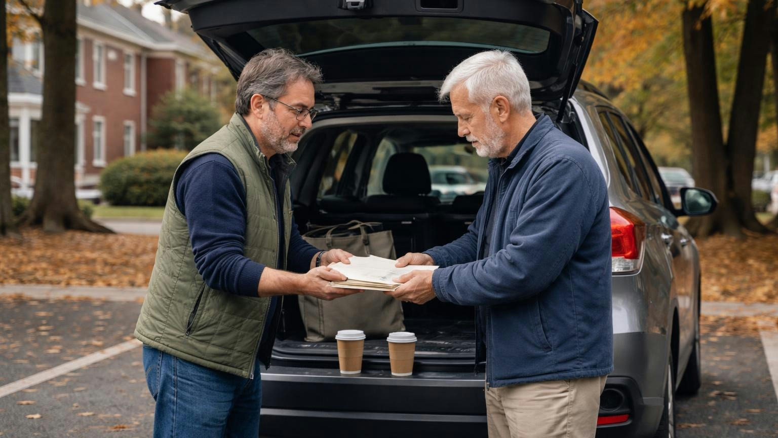 **A morning's work.** The bond, the fine letter, the hearing notice and the reserve study date are checks a board can finish before lunch. Two board members at the open hatchback of a car in a clubhouse parking lot on a weekday morning, one handing the other a thin stack of folders, coffee cups on the bumper