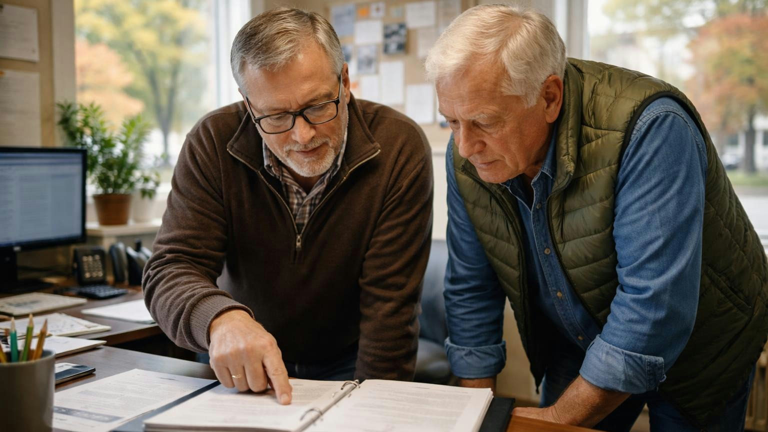 **Insured against its own volunteers.** Any Virginia association collecting dues must carry a bond against theft by its own officers and directors. Two board members in a small Main Street insurance office, the agent pointing to a page in an open policy folder while both board members lean in to read