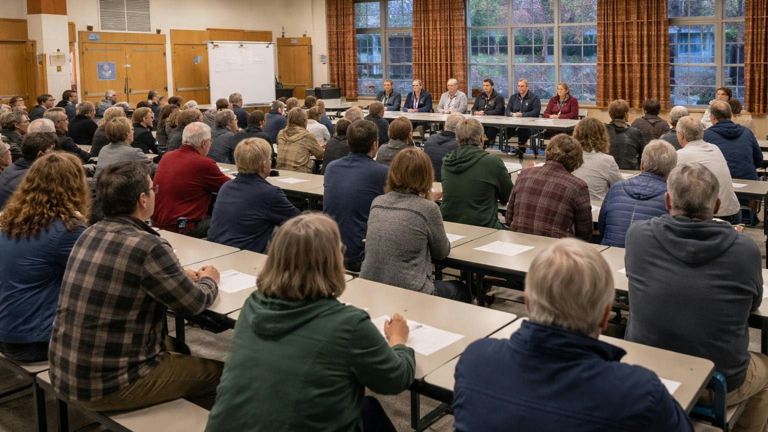 **Once a year, with notice.** Every Virginia association meets its members at least annually, with written notice sent ahead. Neighbors filing into an elementary school cafeteria on an autumn evening and taking seats at long tables for an association meeting, the board seated at the front