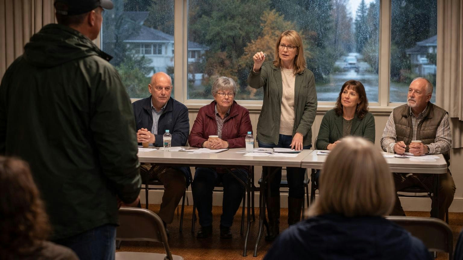 A board president at the front of a small clubhouse meeting room on a wet autumn evening, nodding to a homeowner in a rain jacket who has stood up to speak first while five board members wait at a folding table