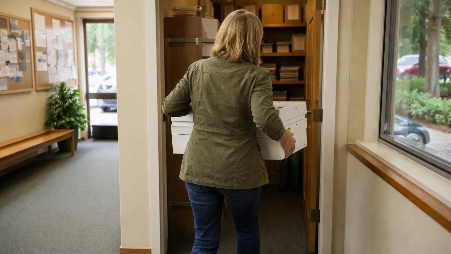 **Seven years, kept.** The statute lists what an association keeps, and owners may examine and copy it. A board secretary carrying two banker's boxes of files into a small storage room off a clubhouse hallway, the box labels turned away