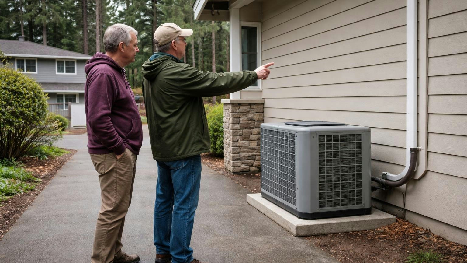 **Sixty days, then yes.** An application for a heat pump or EV charger not denied in writing within 60 days is approved. Two neighbors standing on a driveway beside a split-level home on a bright cool afternoon, one pointing to the side wall where a new outdoor heat pump unit sits on a pad