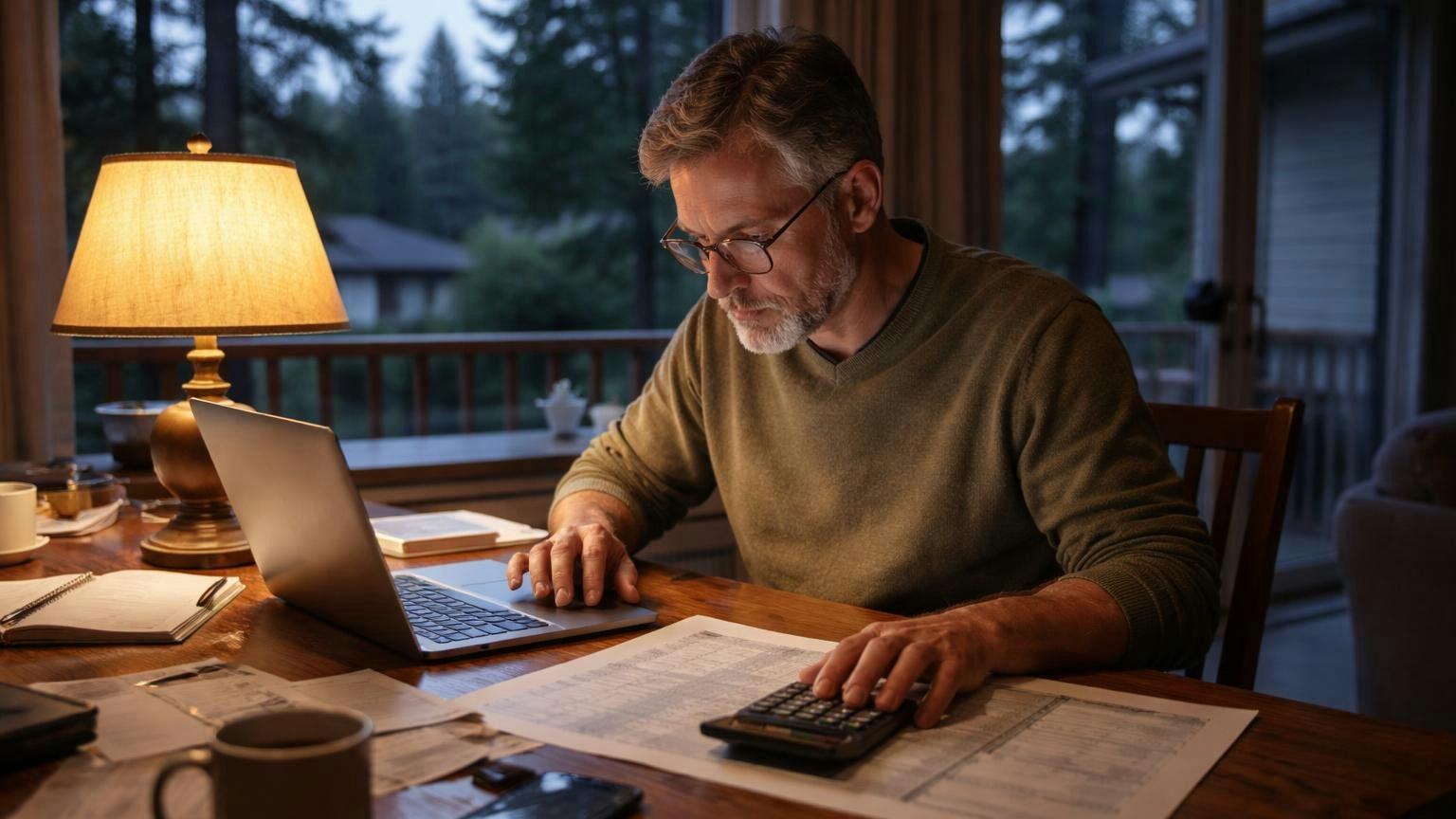 **A majority of all the votes.** The budget stands unless owners holding a majority of every vote in the association reject it. A treasurer at a kitchen table at dusk with a laptop and a printed budget spread under a lamp, low late light through the window and firs outside