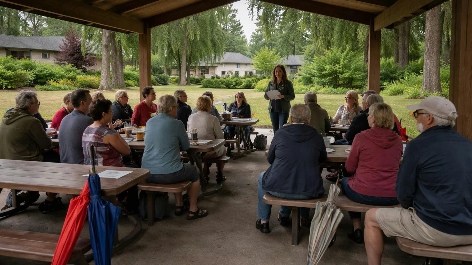 **Once a year, with notice.** The owners meet at least annually, on 14 to 50 days' notice with the agenda. Neighbors gathered under a covered picnic shelter in a community park for their annual meeting, umbrellas leaning against the tables, a board member standing at the front