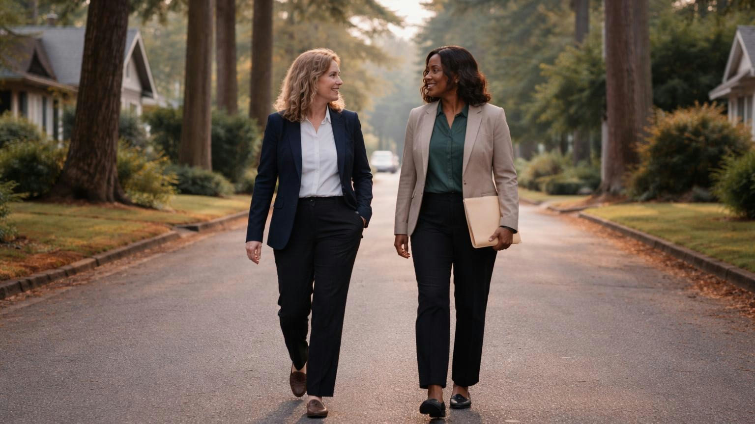 **A morning's work.** Notice, the comment period, the delinquency letter and a 2028 owner: checks a board can finish before lunch. Two board members walking a neighborhood street under firs in early morning light, talking, one holding a closed folder at her side