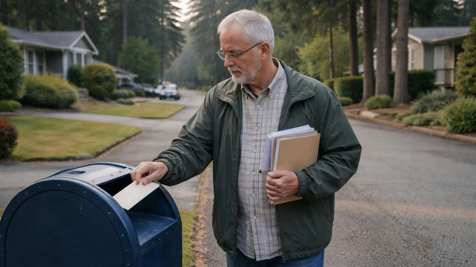 **The state writes the first letter.** Washington prints the preforeclosure wording a delinquency notice must carry. A board treasurer dropping a plain envelope into a blue curbside mailbox on a quiet street in early morning light