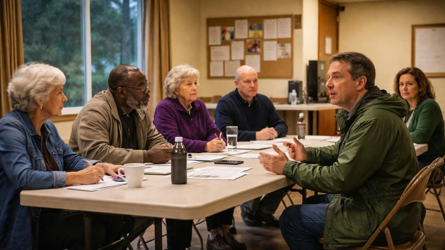 **The first fifteen minutes.** Owners get at least 15 minutes to speak on agenda items before the board votes. A board meeting in a church fellowship hall on a wet evening, a man in a rain jacket speaking from his seat while five board members at a folding table listen