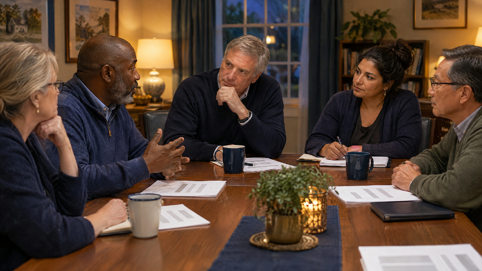 Five neighbours around a clubhouse table at an evening board meeting, one director leaning forward and listening hard to another, papers squared and mugs on the table, warm lamplight