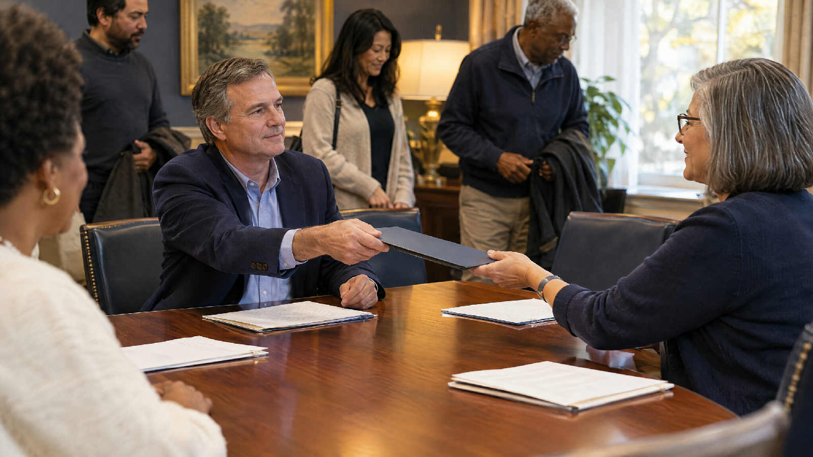 **The decision file.** What you compared, who you relied on, why you chose. Kept before the vote, not after. A board president hands a slim plain folder to the secretary across a meeting table as the meeting breaks up, papers squared in front of them, no readable text