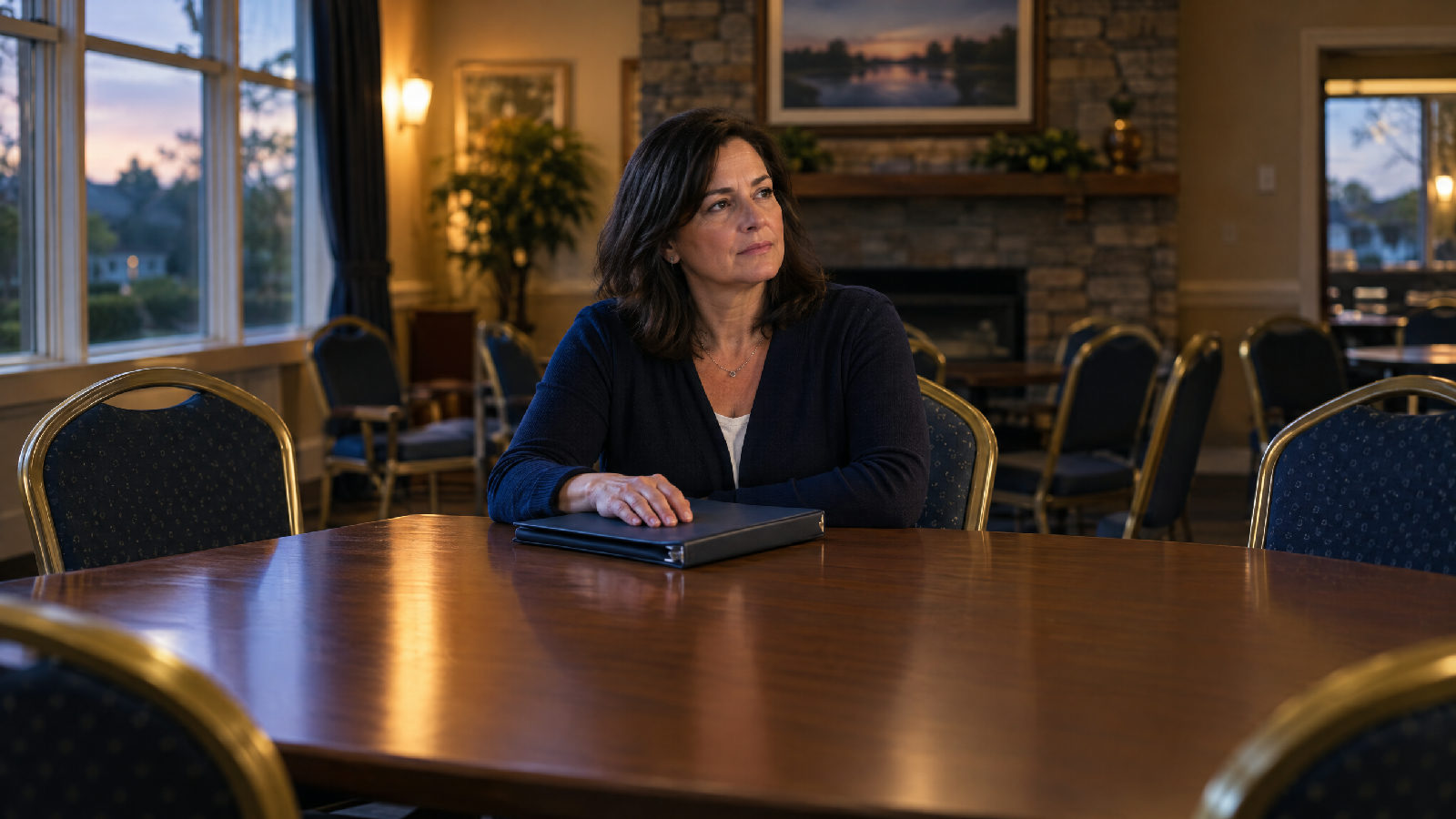 **The question after the meeting.** If this change goes wrong, is it on me? A treasurer sits alone at a clubhouse table after a board meeting, chairs pushed back around her, a closed binder under her hand and her eyes on the empty room, no readable text