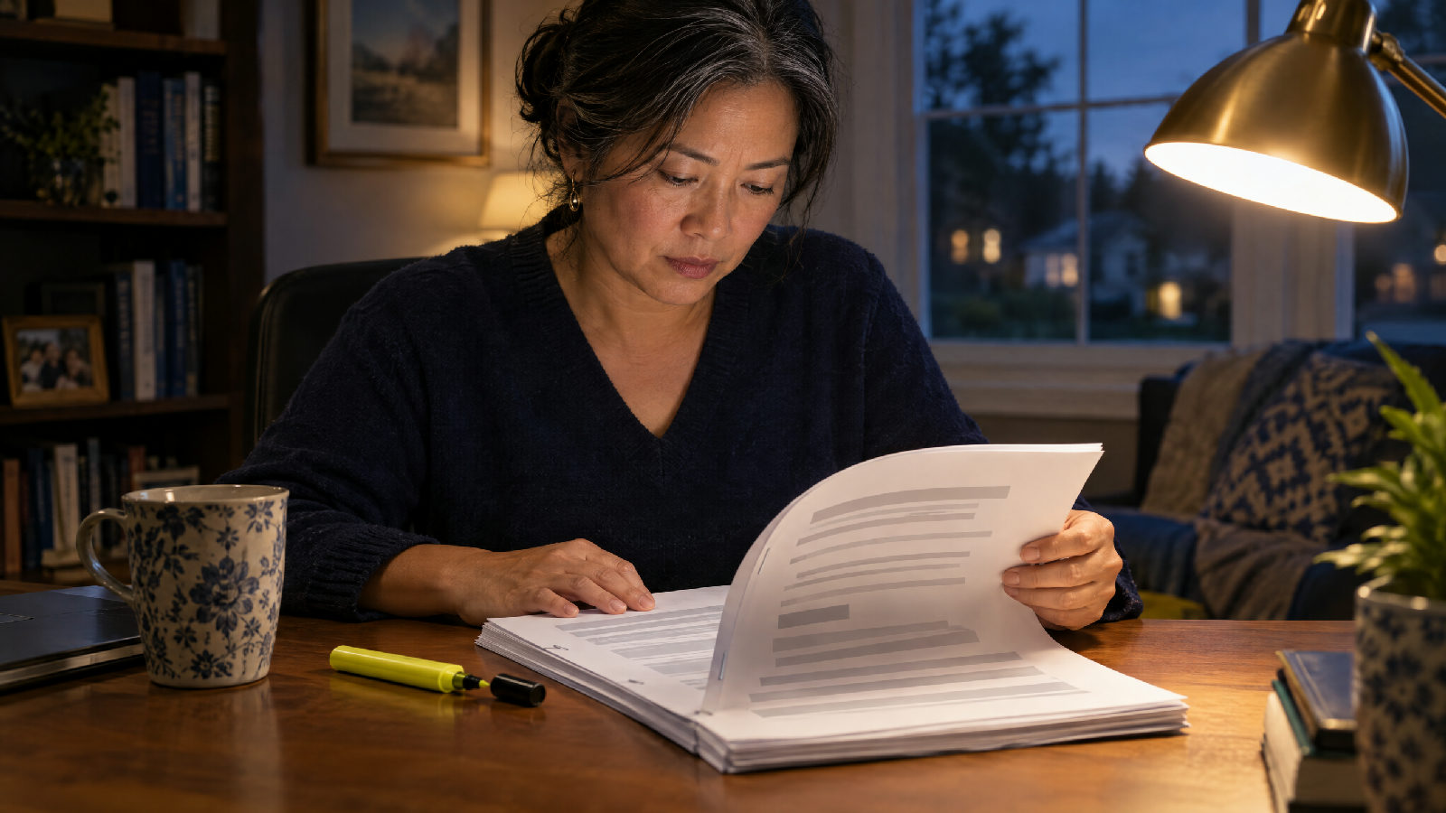 **Before the next big vote.** The declarations page decides whether some protections exist at all. A board treasurer at a home desk late in the evening reads a thick insurance policy under a lamp, a highlighter uncapped beside it, no readable text