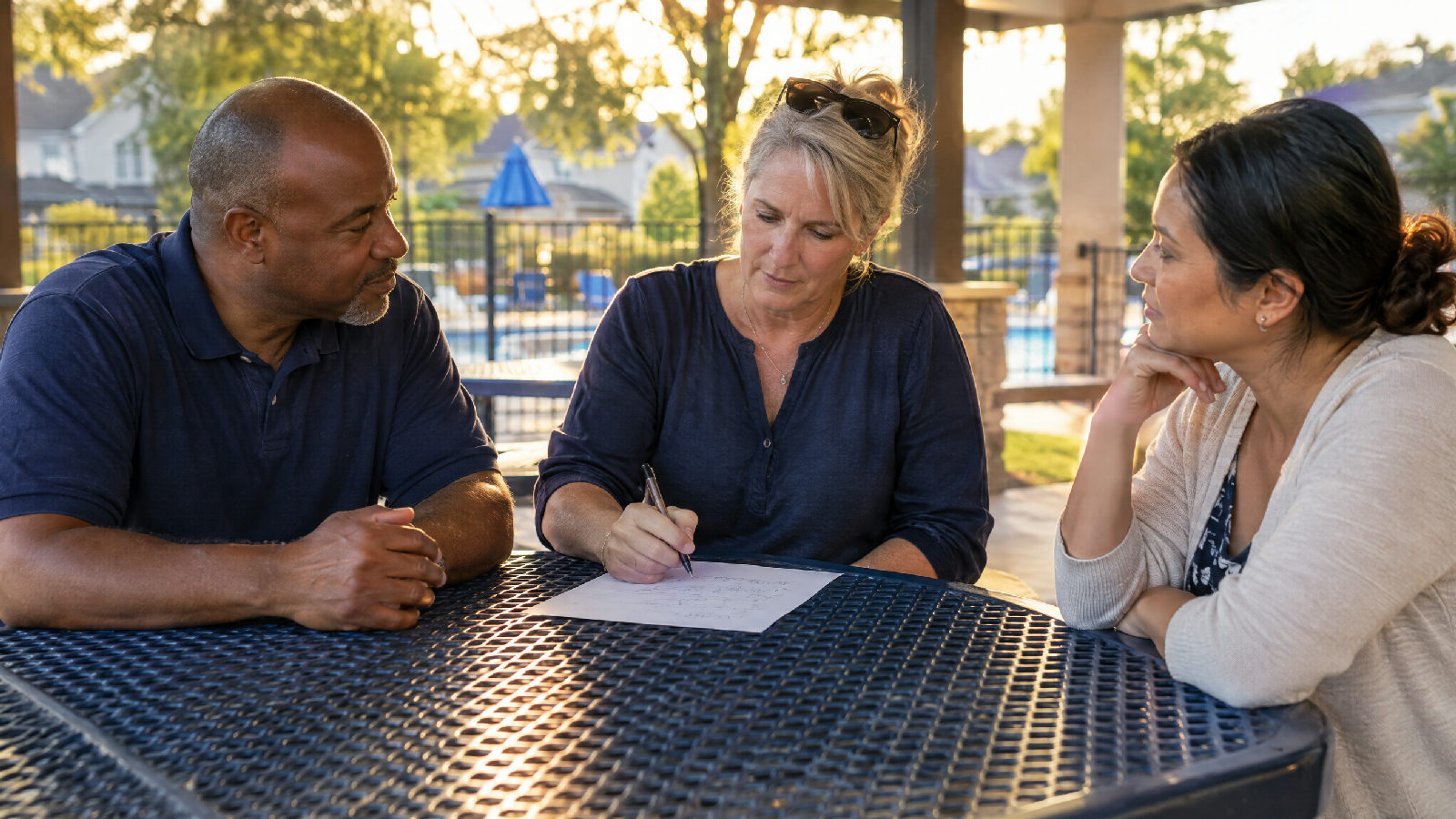 **One page of findings.** A board committee's written report is something the other directors may rely on. A board committee of three directors at a picnic table under the community pool pavilion in late afternoon, one writing on a single sheet while the others listen, no readable text