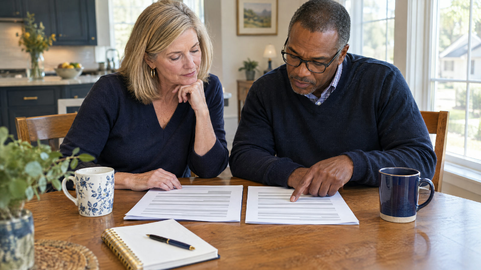 **Reasonable inquiry, in practice.** Two options on the table, read before the vote. Two board members at a kitchen table compare two printed vendor proposals side by side, one pointing at a page of grey lines, mugs and a notepad between them, no readable text