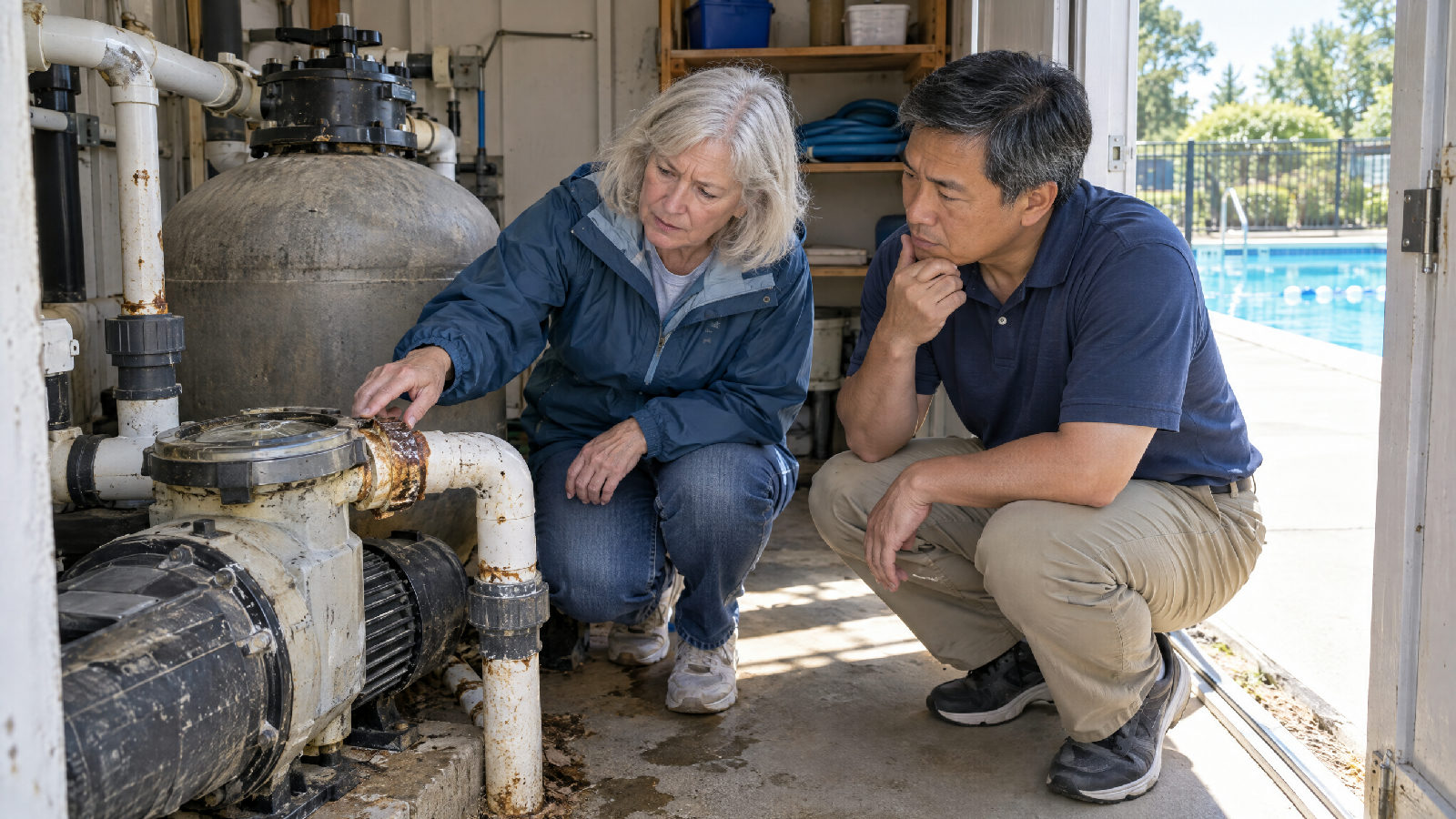 Two board members crouching beside an old pool pump in an equipment shed, one tapping a rust-stained pipe fitting