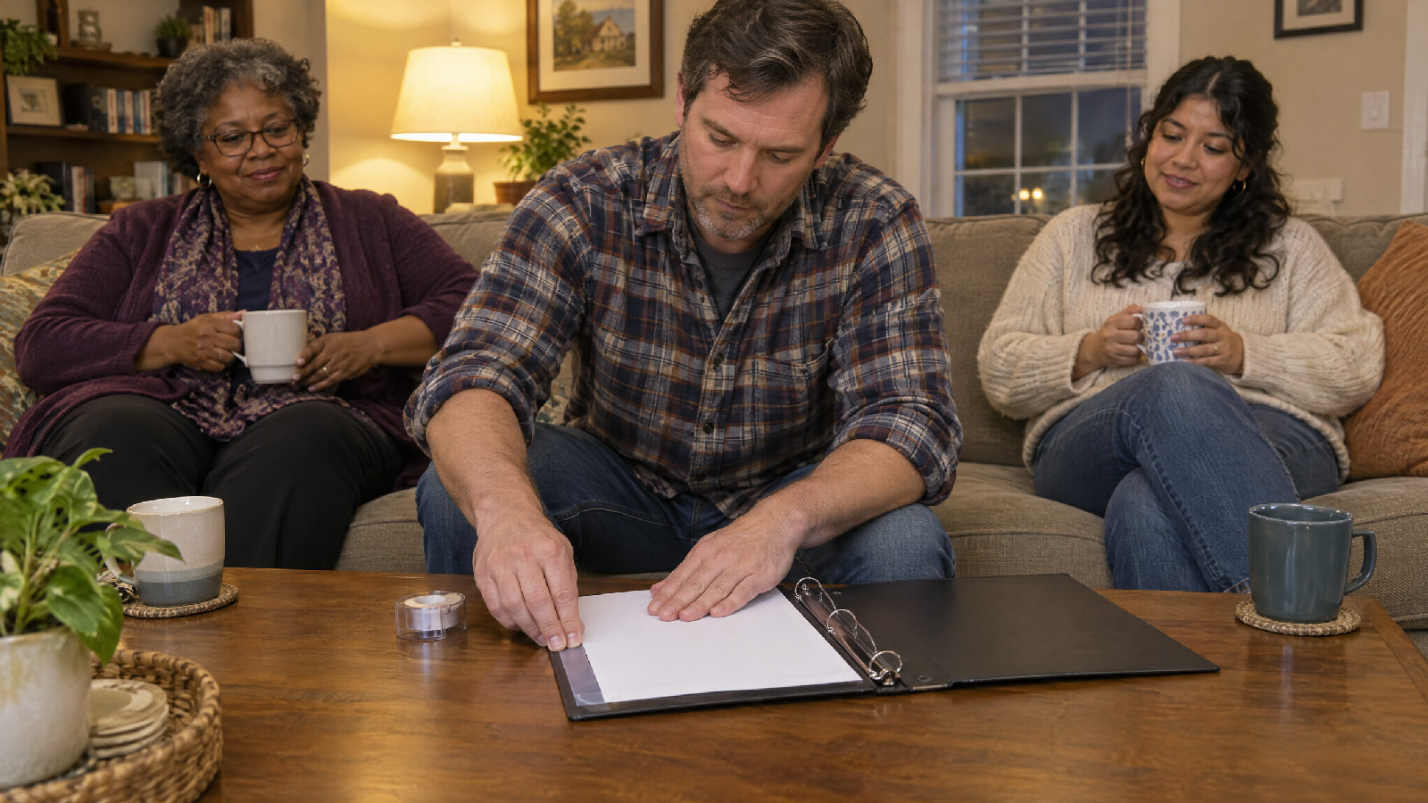 A board member taping a single sheet inside the cover of a meeting binder at a living-room coffee table while two others settle onto the sofa
