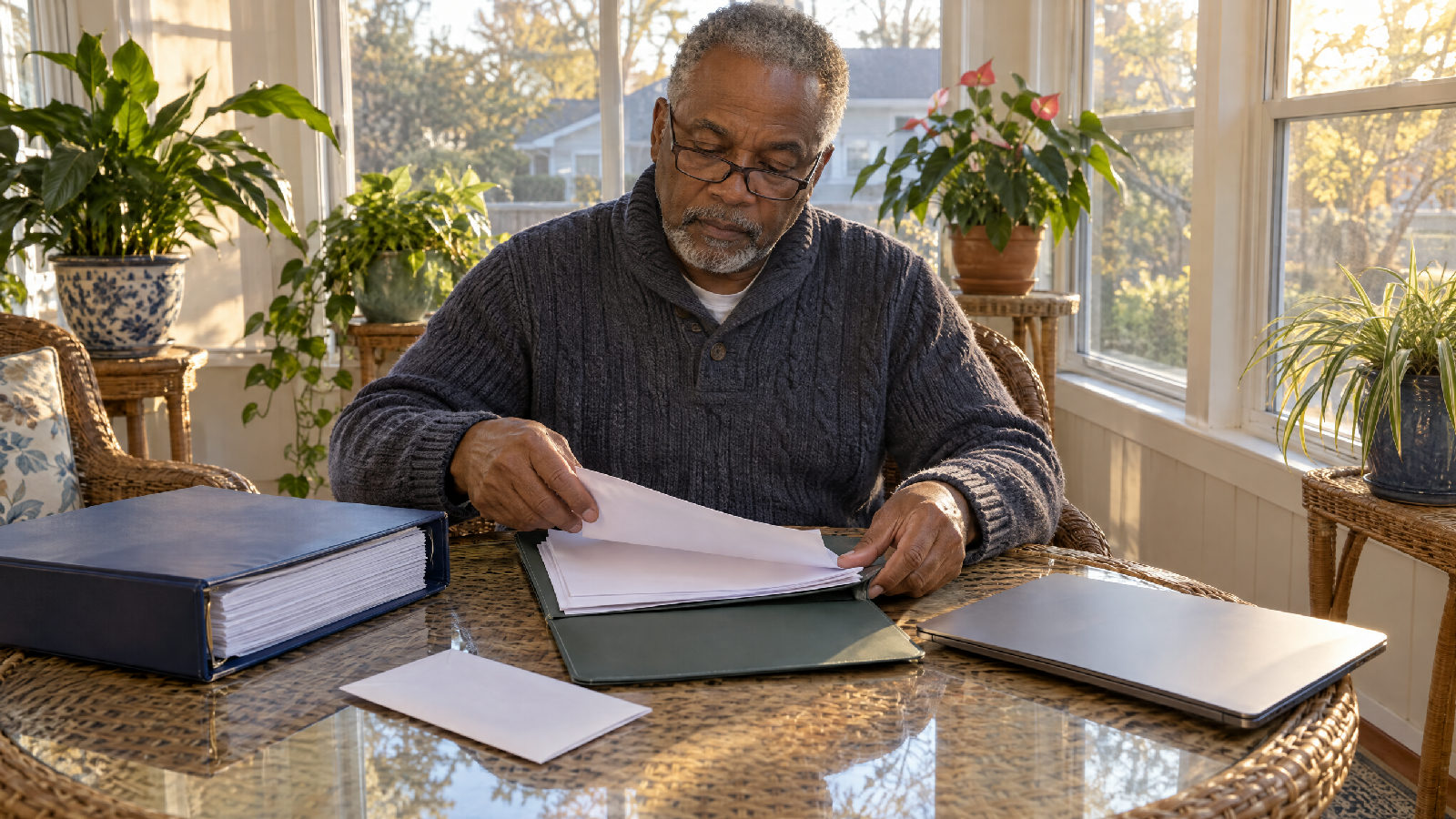A treasurer in a sunroom gathering printed pages into a slim folder beside a thick binder, a bank envelope and a closed laptop