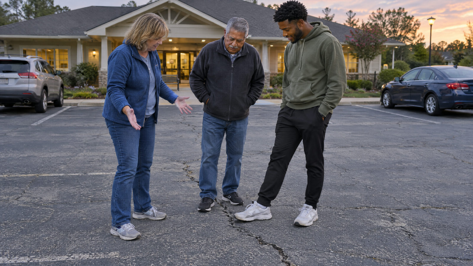 Three board members standing in a clubhouse parking lot at dusk, looking down at a long crack in faded asphalt and debating it