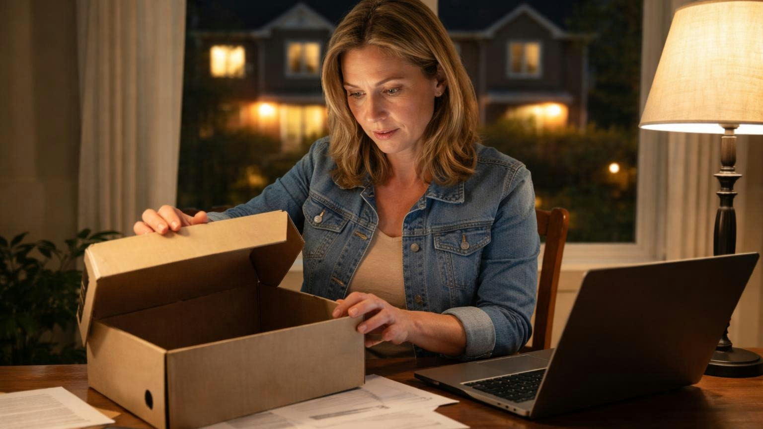 **The first night.** What a new director opens is what every owner would see if they asked. A new board member at a dining table at night opening a cardboard file box and finding it nearly empty, a laptop open beside her, a lamp lighting her face, suburban condo window behind