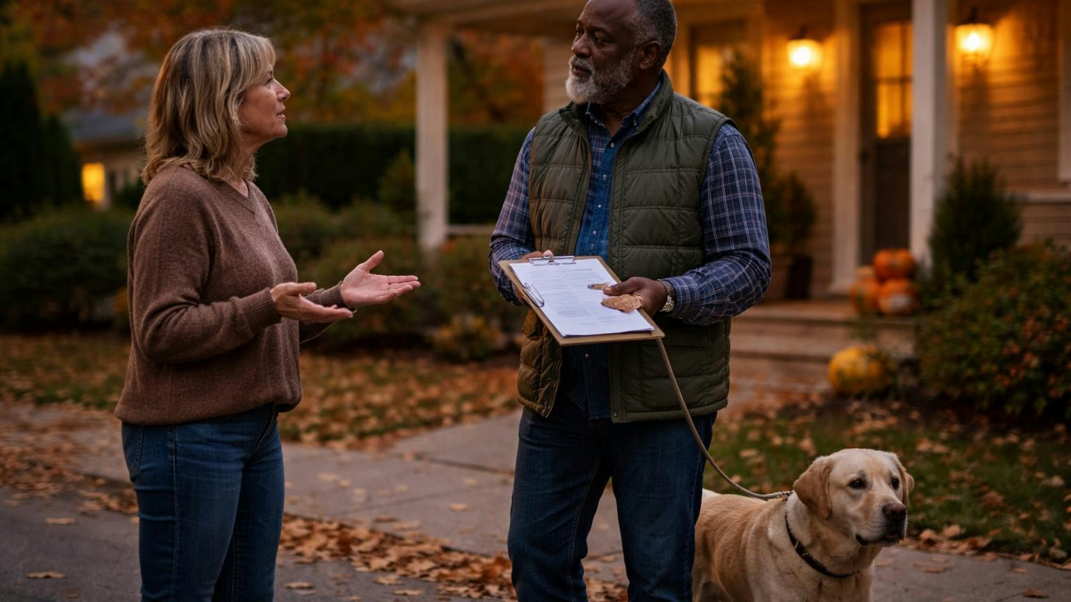 **The hard question.** An owner who asks is not an enemy. They simply cannot tell an honest board from a careless one. A homeowner at the end of her driveway on an autumn evening asking a board member a question as he walks his dog past with a clipboard, porch lights coming on
