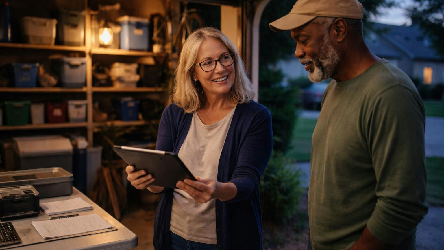 **Ten minutes.** With the record in hand, the hard question has a short answer. A treasurer in her open garage at dusk turning a tablet toward a neighbor who stopped by on his evening walk, the neighbor nodding, the tablet screen facing away from the camera