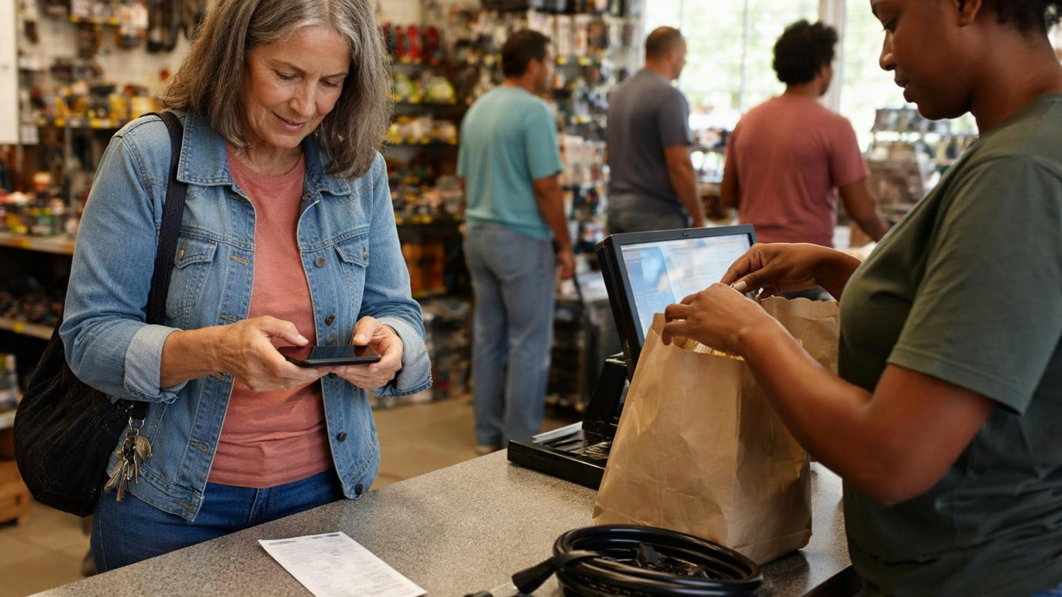 **On the day it is paid.** The cheapest record is the one made when the money moves. A board member at a small hardware store checkout holding her phone beside a just-printed receipt on the counter, ready to photograph it, while the cashier bags her purchase