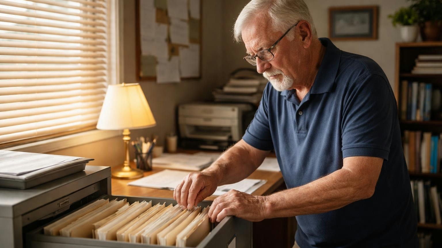 **Part of the job.** The statutes assume the record exists before anyone asks to see it. A retired neighbor in a small home office opening a metal filing cabinet drawer full of plain unlabeled manila folders, afternoon sun through blinds, a reading lamp on the desk