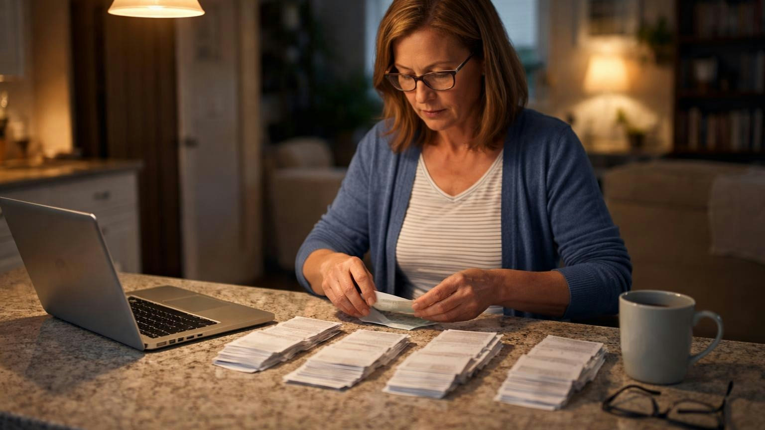 **Five payments.** One evening is enough to learn which answers exist and which live in one memory. A treasurer at a kitchen counter late in the evening sorting paper receipts into neat piles beside an open laptop, a mug of tea and reading glasses beside her, soft lamp light