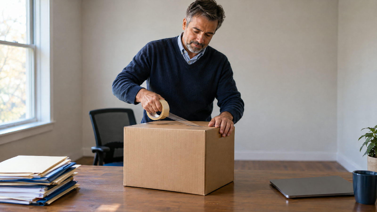A departing board member taping shut a plain cardboard box of folders in an emptied home office on a weekday afternoon, bare desk and bare walls behind him