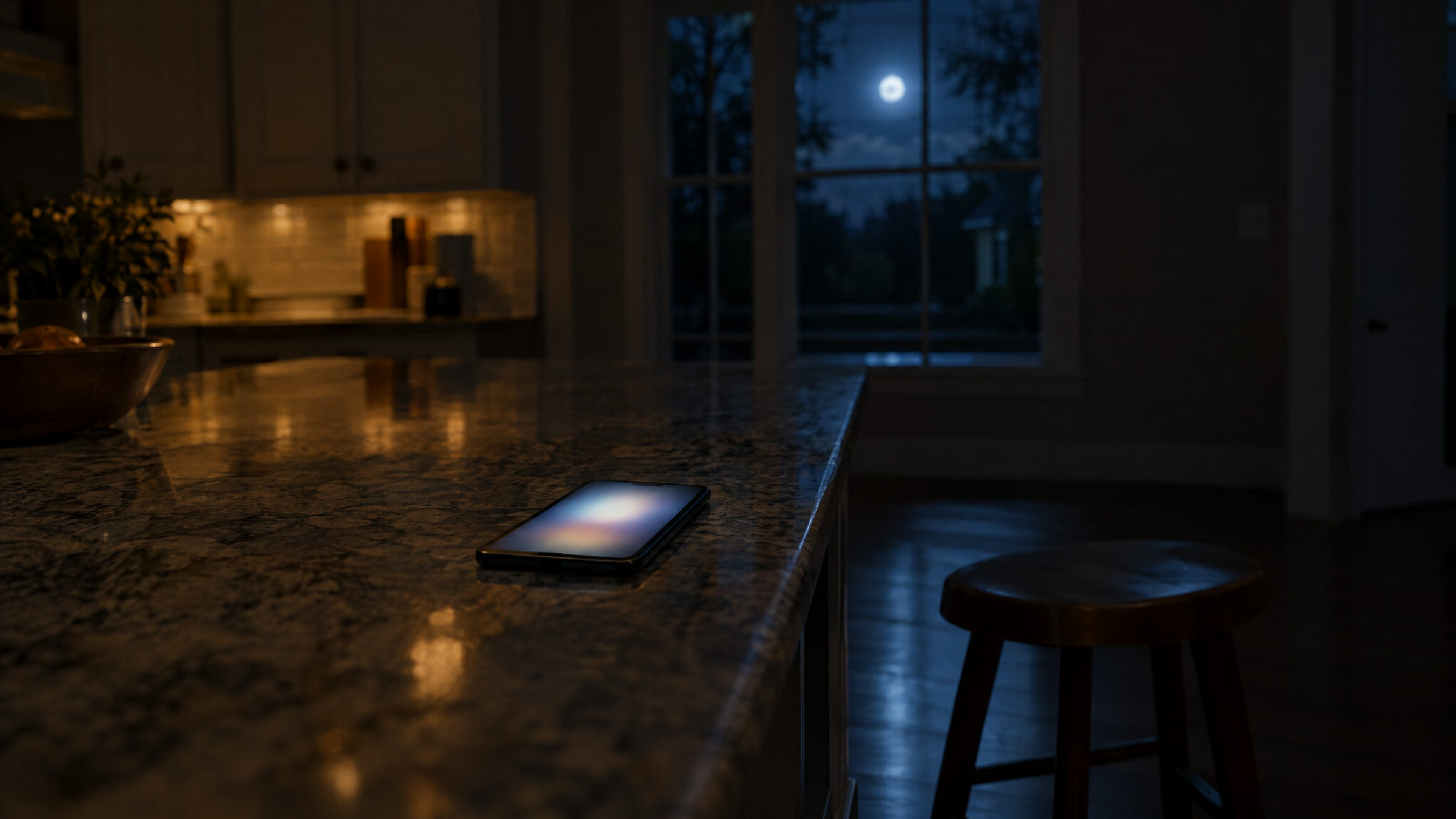 A phone lit on a kitchen counter in an empty, unlit house at night, a notification glowing on its screen with no one there to see it