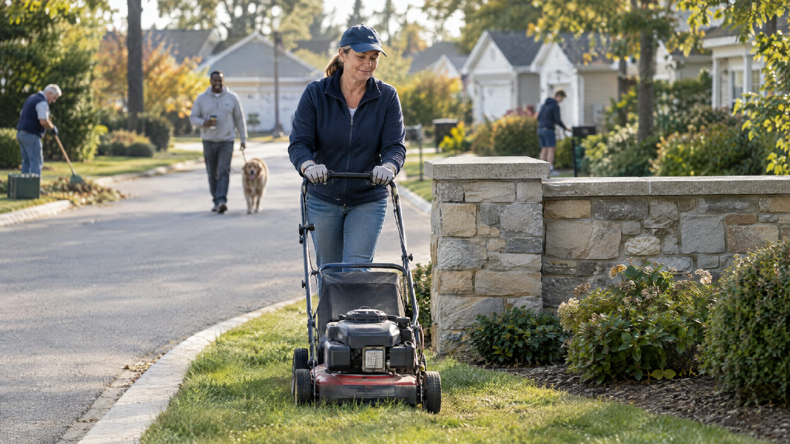 A board member mowing the grass strip at a small neighbourhood's entrance on a Saturday morning, a short street of modest homes behind her