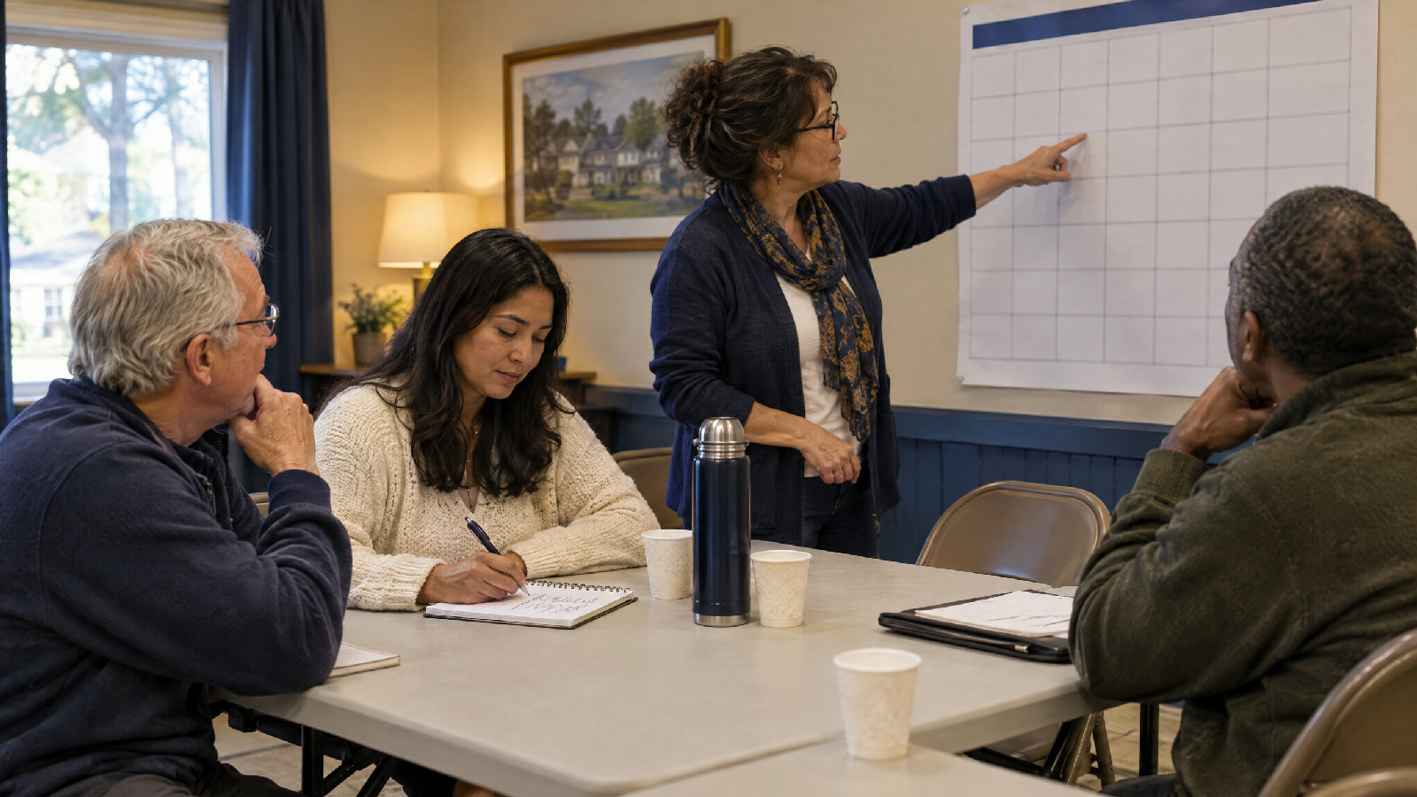 A board of four neighbours at a folding table in a clubhouse on a weeknight, one pointing at a wall calendar while another writes in a spiral notebook