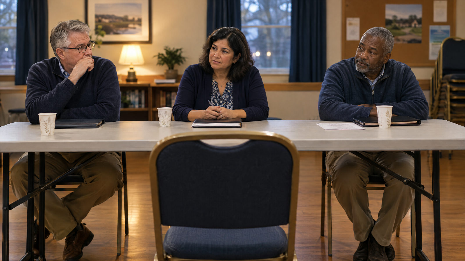 An empty padded chair at the end of a folding table in a community clubhouse on a weeknight, three board members seated along the other side, one glancing at the empty seat