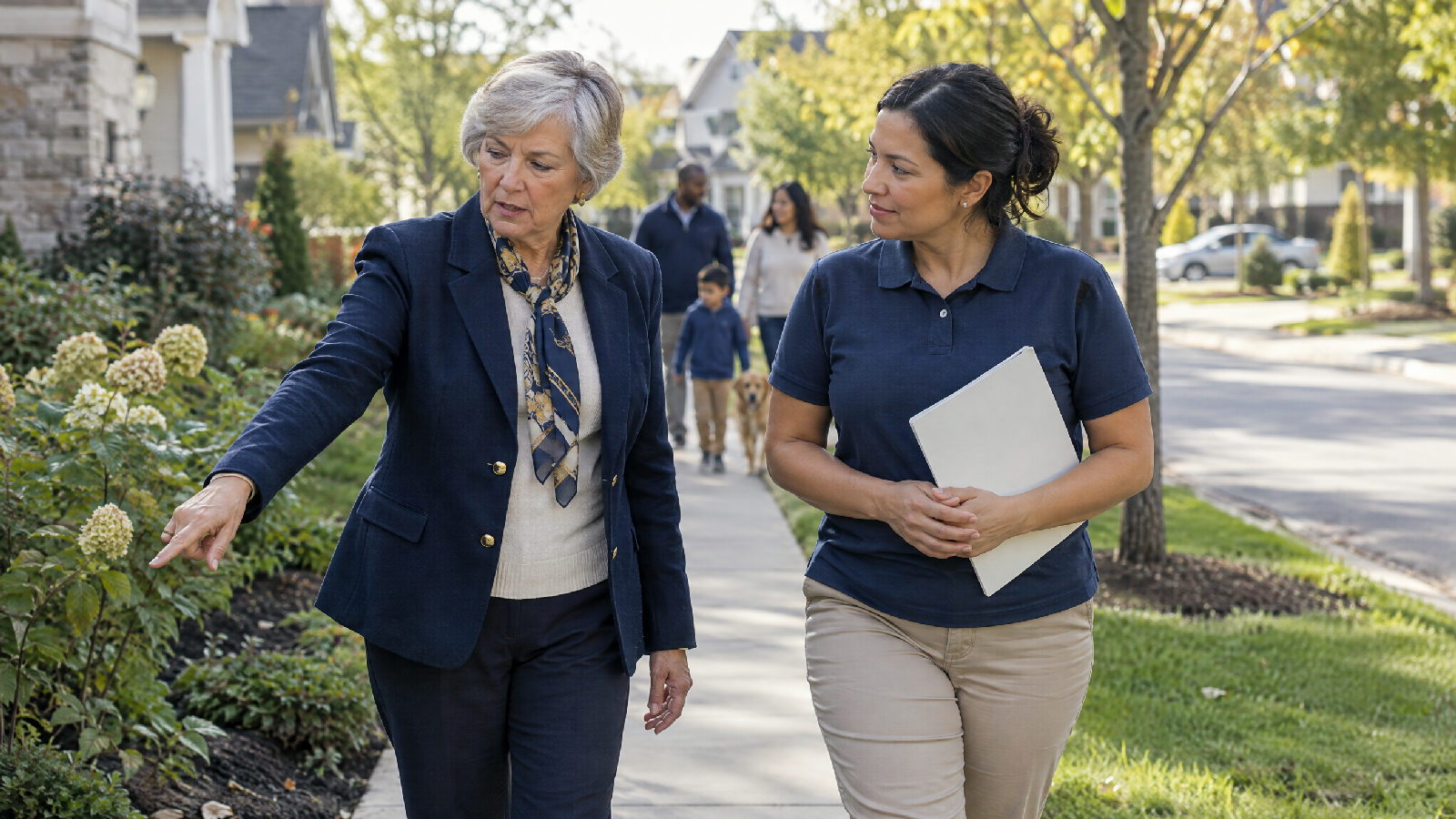A board member pointing down a neighbourhood sidewalk on a weekday morning while a community manager in a plain polo shirt walks beside her, listening