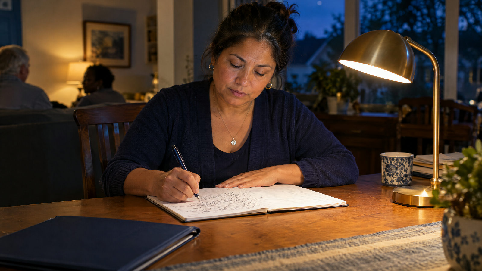 **Five facts in one motion.** The minutes answer the owner who asks about it next year. A board secretary at a dining table in the evening writes loose, illegible pen strokes in a lined notebook under a single desk lamp, no readable text