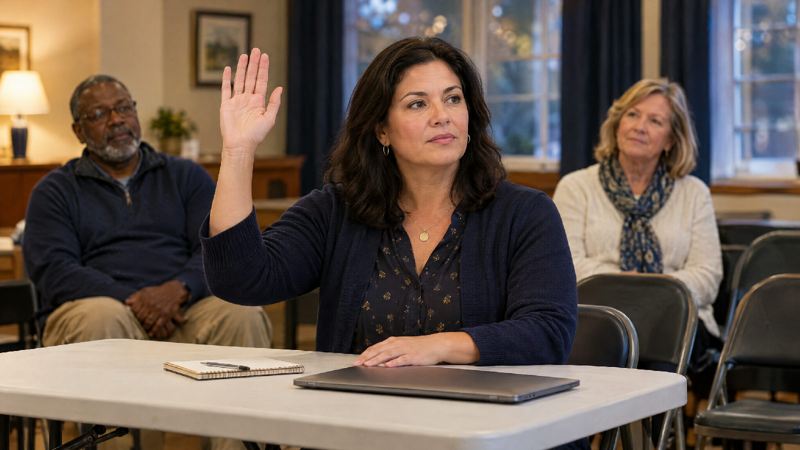 **The owners rarely vote on it.** The board does, and where and how it votes is the part the law watches. A director raises her hand mid-vote at a clubhouse folding table on a weeknight while two owners watch from the back row, a closed laptop on the table, no readable text
