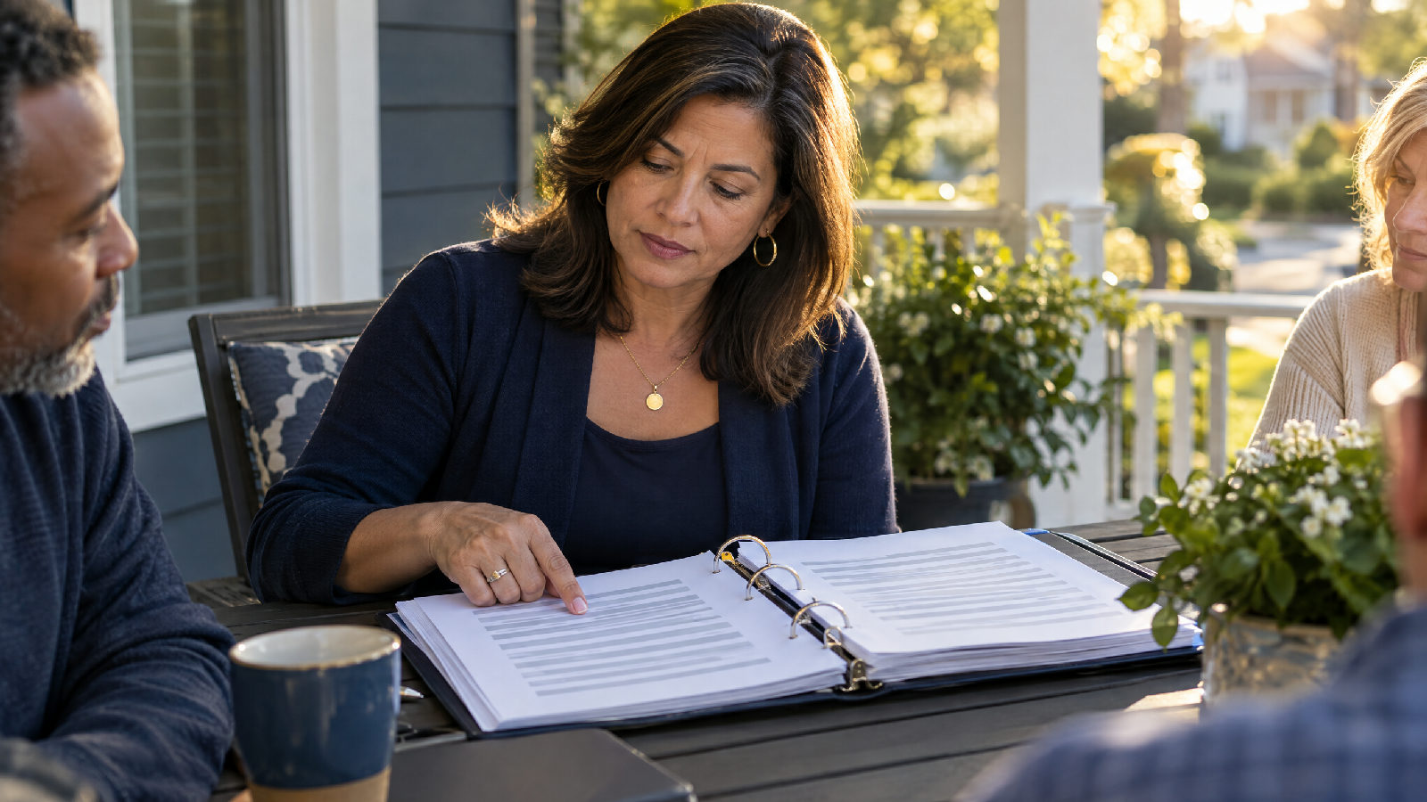 **Start with the document.** The bylaws say what the board may sign before anyone opens a demo. A board president at a porch table in late afternoon light, a thick ring binder of governing documents open in front of her, one finger tracing a page of loose grey lines, no readable text