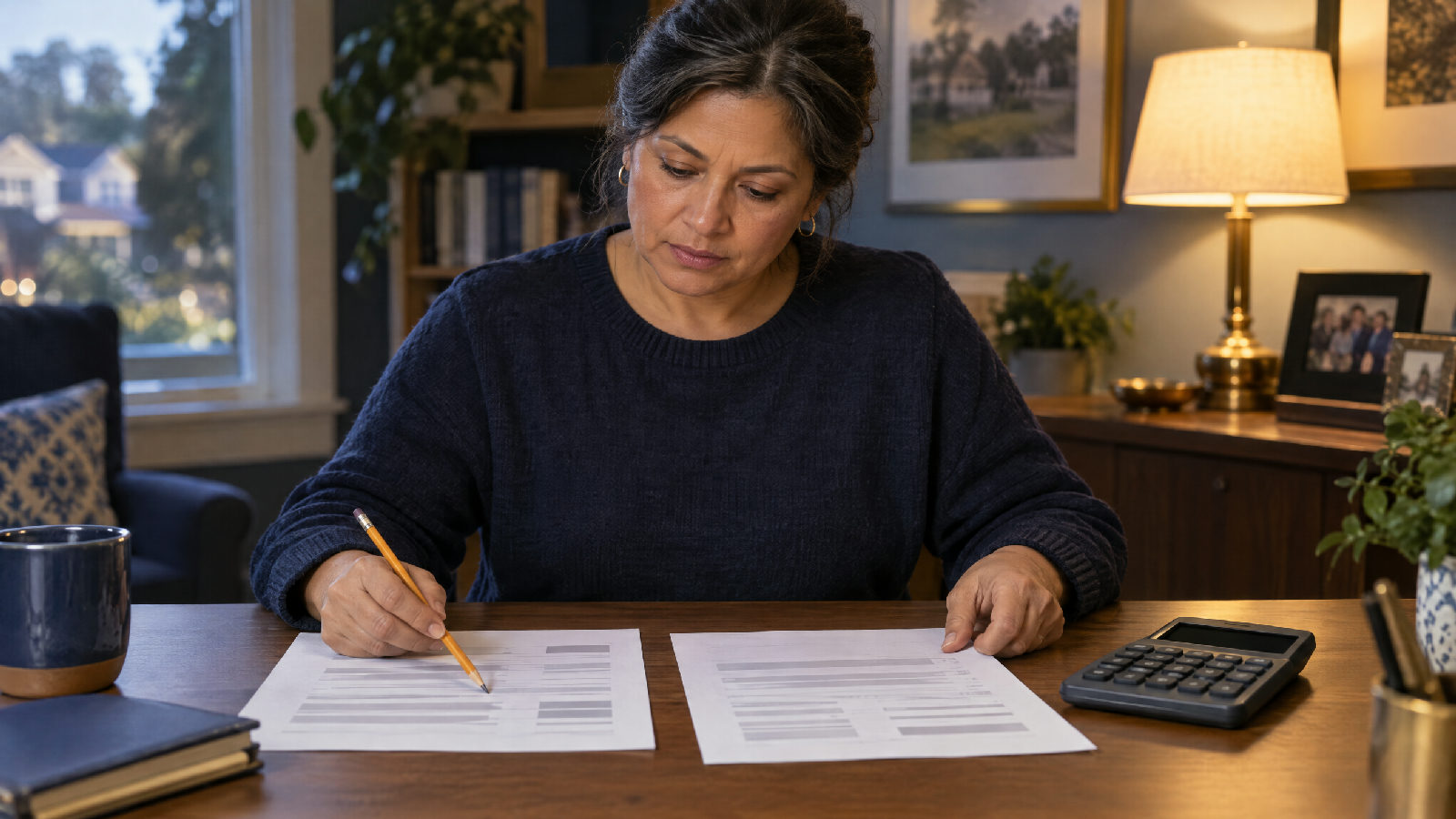 **Run the number first.** The whole term, divided by the whole budget, reserves included. A treasurer at a home desk compares two printed pages shown only as soft grey bars, a pencil resting across one, a calculator with its display dark, no readable text