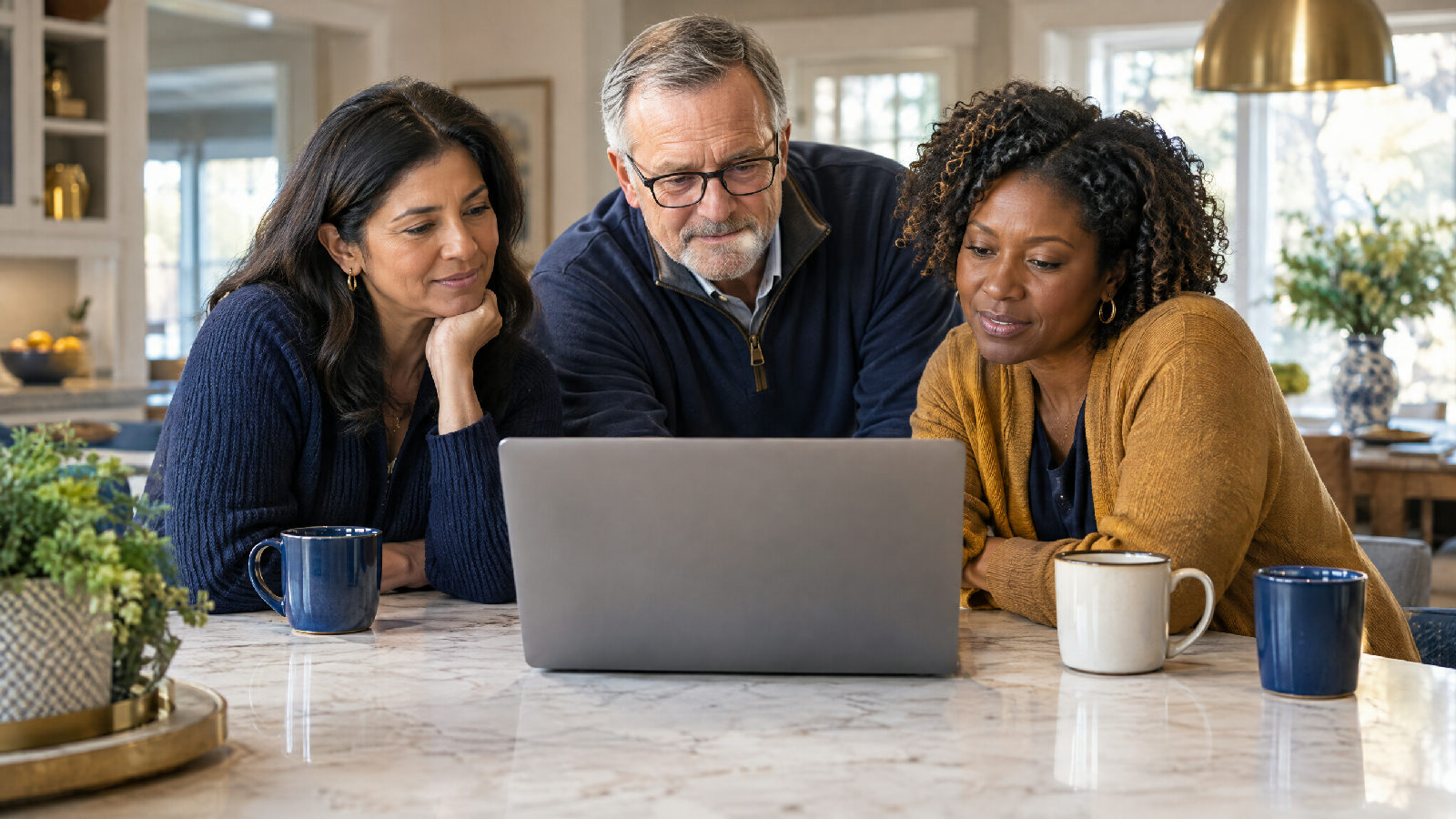 **Comparing demos over coffee.** In Arizona, if three of you are a quorum, that is a board meeting. Three board members lean over a laptop at a kitchen island on a Saturday morning, coffee mugs beside it, the screen turned away from the camera, no readable text