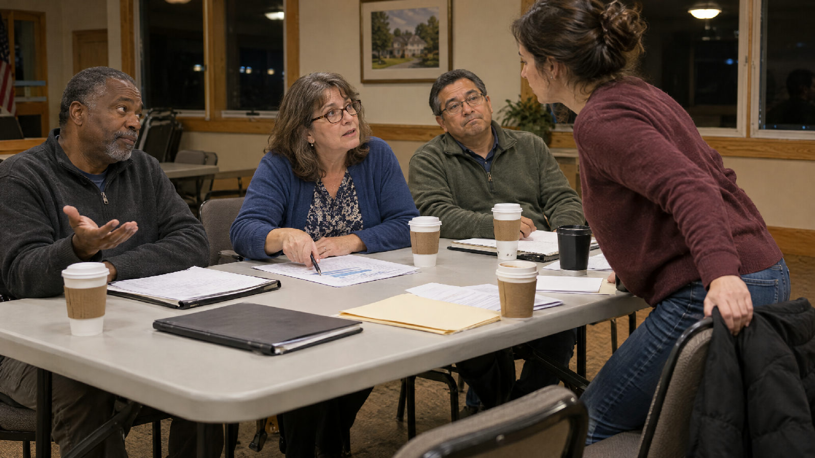 A board treasurer at a clubhouse folding table tapping one spot on a printed report while another board member shrugs with an open palm and a third reaches for her coat