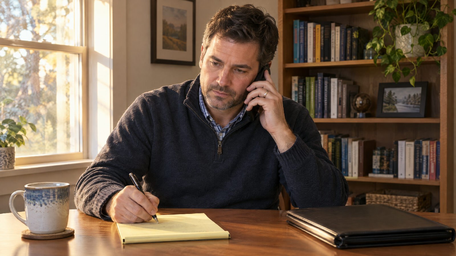 **The smallest decision.** Often the first answer is a phone call to the vendor, not a vote. A board treasurer at a home office desk in late afternoon light, phone to his ear, writing a note on a legal pad as he listens to the vendor