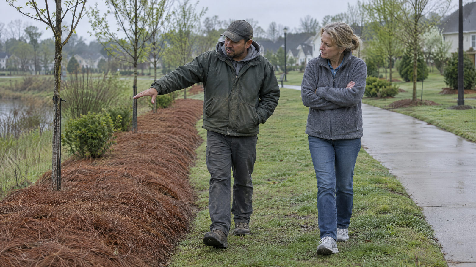 **A new run rate.** A contract repricing repeats every month until someone asks about it. A landscaper and a board member walking side by side along a long berm of fresh pine straw on a grey spring morning, the landscaper gesturing down its length while the board member listens with arms folded