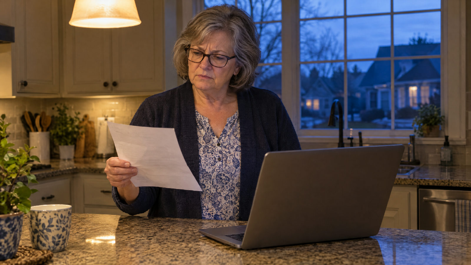 **Two places, one fact.** The bill and the budget live apart until someone puts them side by side. A board treasurer at her kitchen counter at dusk holding a paper bill up beside an open laptop whose screen faces away, comparing the two with a slight frown