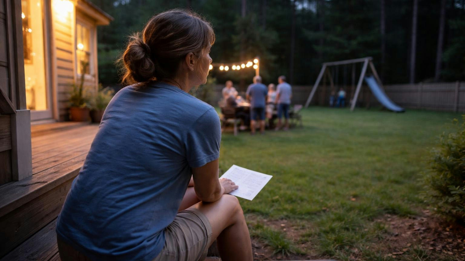 A homeowner in her forties sitting on her back porch steps at dusk with a folded letter resting on her knee, gazing out over a fenced backyard with a swing set, tall pines dark beyond, no readable text