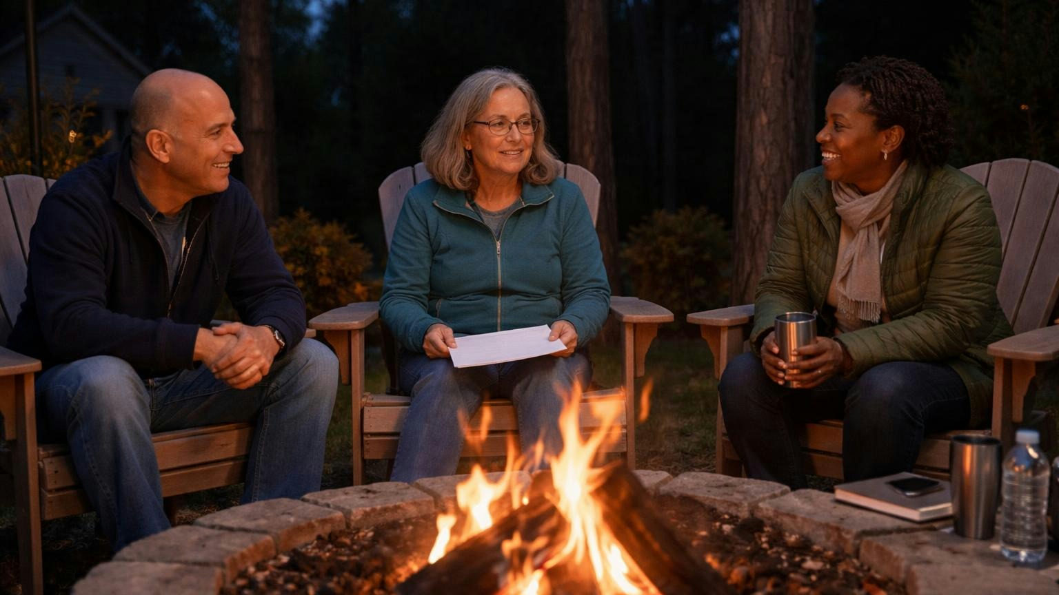 **Decided once.** The whole path for a late account, settled on a quiet night before anyone is late. Three board members in Adirondack chairs around a backyard fire pit on a cool weeknight, the treasurer holding a single page face down on her lap while the other two nod along, tall pines dark beyond the flames, no readable text