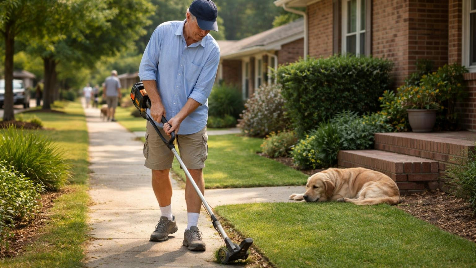 **Same days, same ladder.** A director is an owner first, and the policy runs on his account exactly as it runs on anyone else's. A board director in a ball cap edging the grass along his own front walk on a Saturday morning while his golden retriever dozes in the shade of the porch steps, brick ranch homes down the street, no readable text