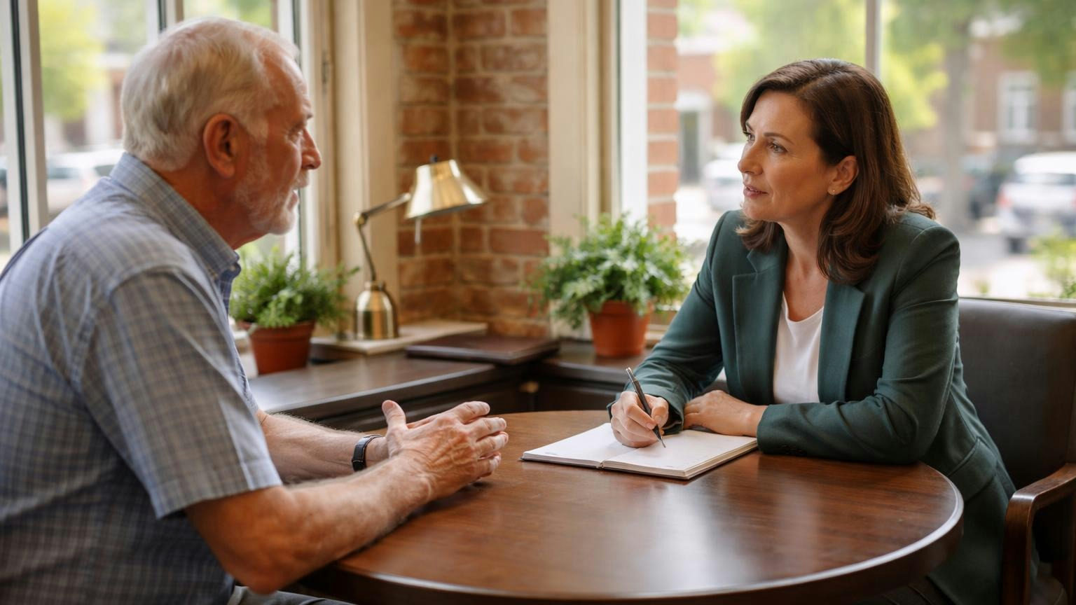 **The handoff, on schedule.** The day an account goes to the attorney is written in the policy, not chosen in a heated moment. A board president seated at a small round table across from a woman attorney in a sunlit small-town law office with tall windows and exposed brick, the attorney listening with a pen in hand, no papers visible, no readable text