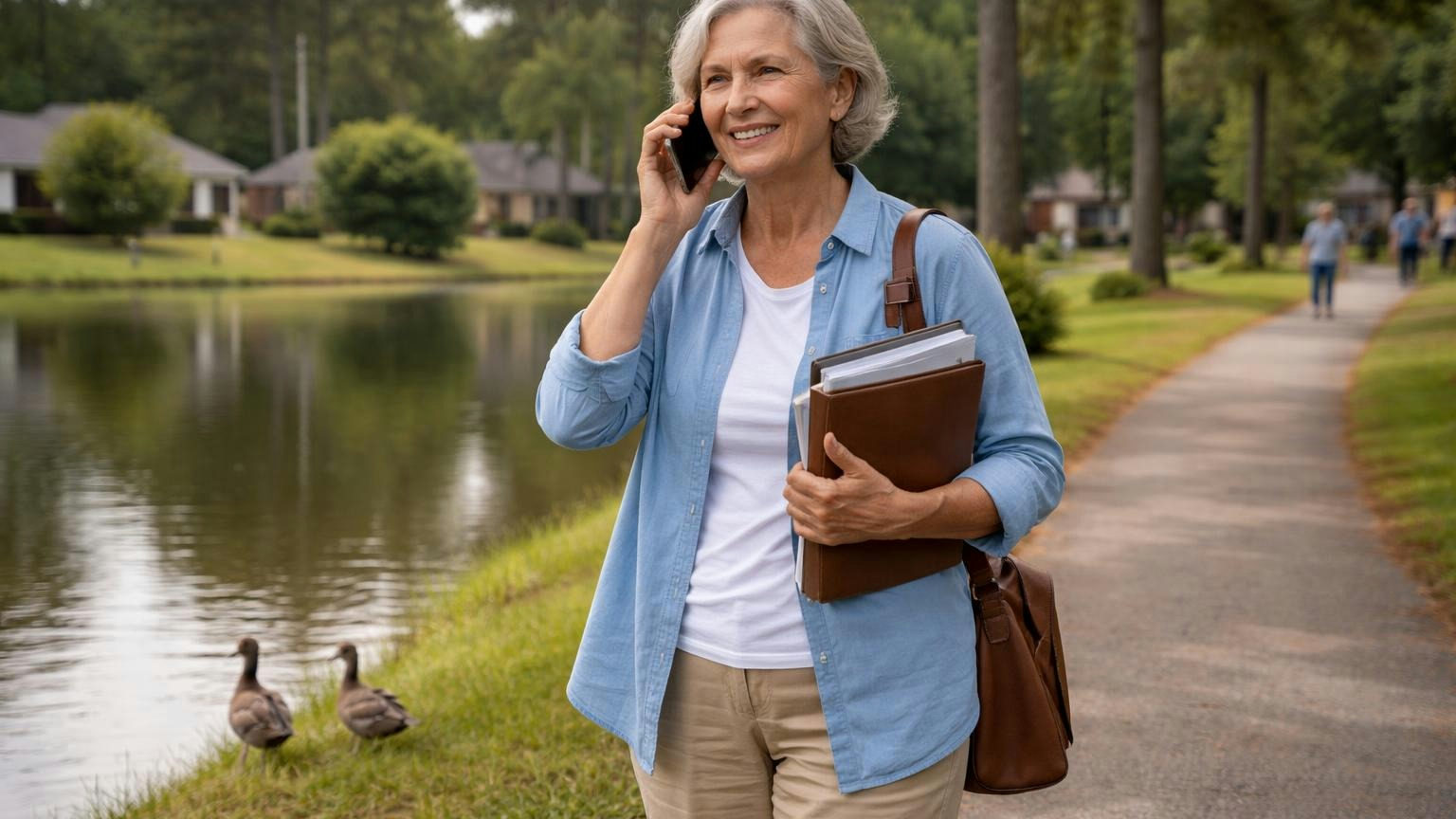 **The rung worth keeping.** A phone call on day 45 asks the question no letter does. A treasurer in her sixties pausing on the walking loop around a small neighborhood pond on a Saturday morning, phone to her ear with a warm smile, two ducks on the grassy bank, pines and brick ranch homes beyond, no readable text